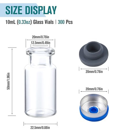 FOUR E'S SCIENTIFIC 10mL Glass Vials, 300 Pcs Lab Headspace Vial with Caps - size: 10mL