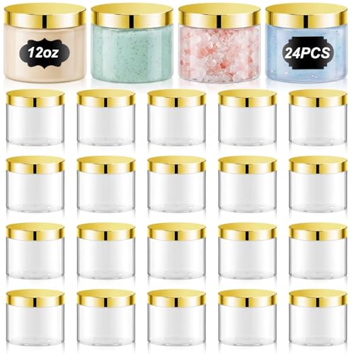 24 Pack 12 oz Clear Cosmetic Jars with Gold Lids and Labels for Hair Masks - color: Clear with Gold Lid, size: 12 oz