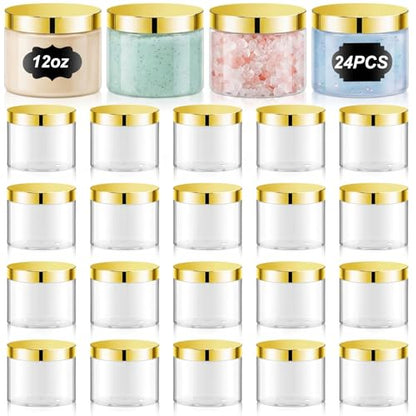 24 Pack 12 oz Clear Cosmetic Jars with Gold Lids and Labels for Hair Masks - color: Clear with Gold Lid, size: 12 oz