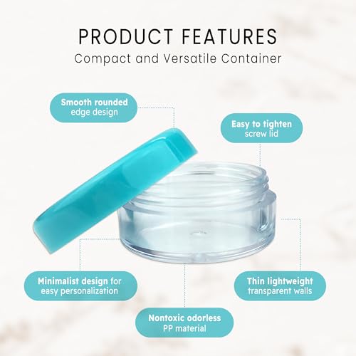 (Quantity: 200 Pieces) Beauticom 5G/5ML Round Clear Jars with Teal Sky Blue Lids for Scrubs, Oils, Toner, Salves, Creams, Lotions, Makeup Samples, Lip Balms