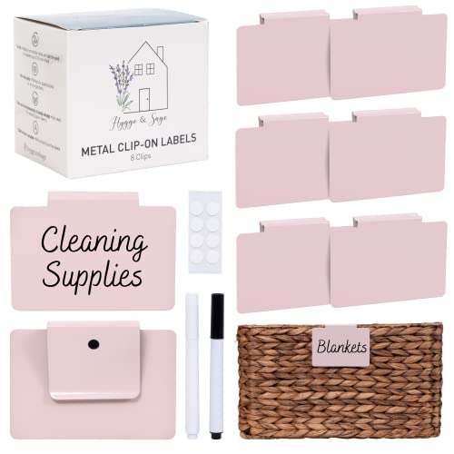 Hygge & Sage: Metal Non-Slip Basket Labels Clip On for Storage Bins, or Wire Racks | Includes 8 Labels, 8 Non-Slip Pads and 2 Free Markers (Pink) - color: Light Pink