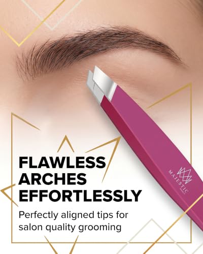 Majestic Bombay Precision Tweezers Set, Fine Point, Slant, Women and Men - color: Pink
