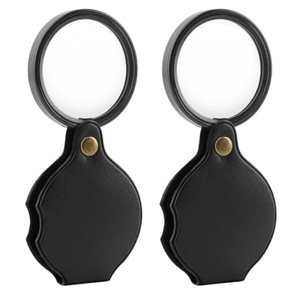 2pcs 20X Small Pocket Magnify Glass with Rotating Protective PU Leather Sheath, Mini Folding Pocket Magnifier for Seniors or Students Reading, Exploring, Science, Coin, Inspection or Jewelry(Black)