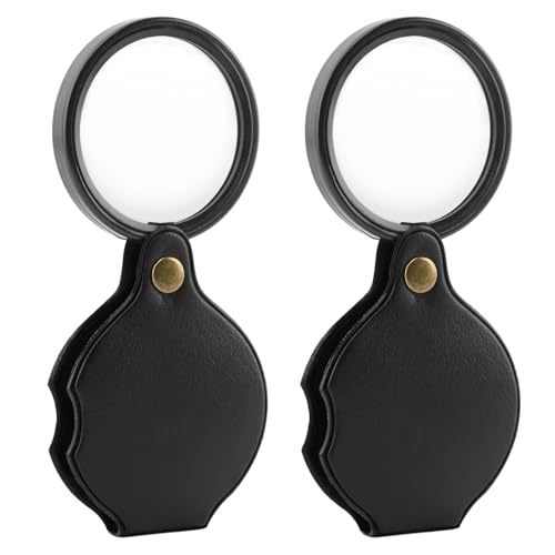 2pcs 20X Small Pocket Magnify Glass with Rotating Protective PU Leather Sheath, Mini Folding Pocket Magnifier for Seniors or Students Reading, Exploring, Science, Coin, Inspection or Jewelry(Black)