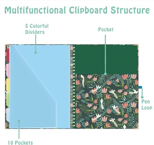 HAUTOCO Clipboard Folio with Refillable Notepad for Letter Size (11" x 8.5"), 5 Dividers with 10 Pockets, Elastic Pen Holder and File Folder Labels, Spiral Nurse Clipboard Artboard(Flower Bird) - color: Flower Bird