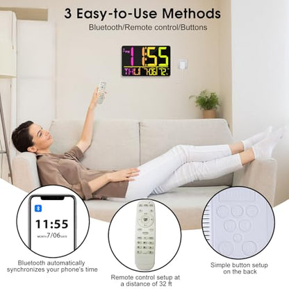 13" Bluetooth Auto Sync Wall Clock- Large Digital Alarm Clock with Remote - style: RGB Numbers