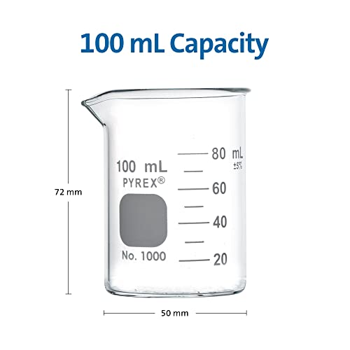 PYREX Griffin Borosilicate Glass Beaker- Low Form Graduated Measuring Beaker with Spout– Premium Scientific Glassware for Laboratories, Classrooms or Home Use - PYREX Chemistry Glassware, 100mL, 12/Pk - size: 100 mL