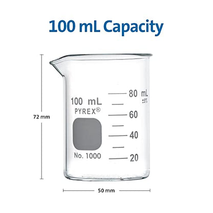 PYREX Griffin Borosilicate Glass Beaker- Low Form Graduated Measuring Beaker with Spout– Premium Scientific Glassware for Laboratories, Classrooms or Home Use - PYREX Chemistry Glassware, 100mL, 12/Pk - size: 100 mL