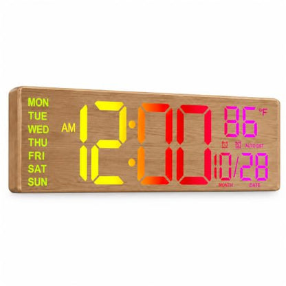 HAITANG 16.2" Wood Digital Wall Clock, 8 Colors, Remote & Night Light - color: Wood