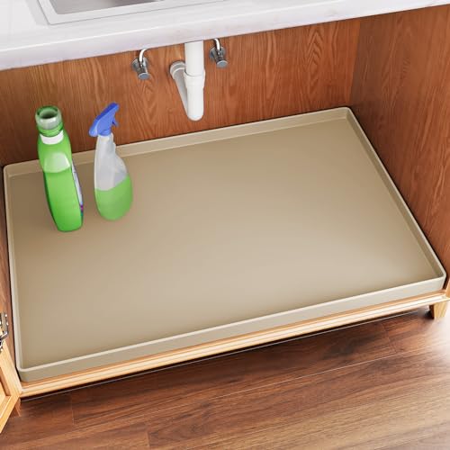 FLATO Waterproof Under Sink Mat, 28" x 19", Beige - color: Beige, size: 19"W x 28"L
