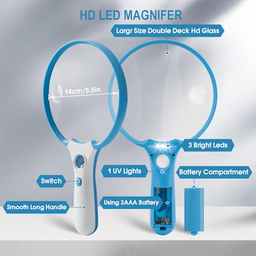 Large Magnifying Glass with Light, Magnifier Handheld Illuminated Lighted Magnifier with 3 LED Lights 1UV Light Storage Bag Clean Cloth for Seniors Reading Inspection (Blue) - color: Blue