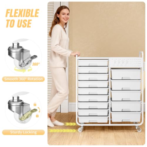 14 Drawer Rolling Storage Cart with Tabletop and Pegboard for Crafts White - color: White
