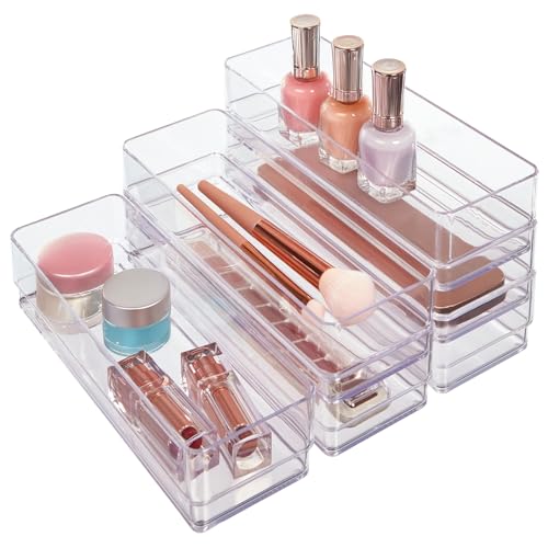 STORi SimpleSort 6-Piece Stackable Clear Drawer Organizer Set | 9" x 3" x 2" Rectangle Trays | Narrow Makeup Vanity Storage Bins and Office Desk Drawer Dividers | Made in USA - size: 9x3x2" (Set of 6)