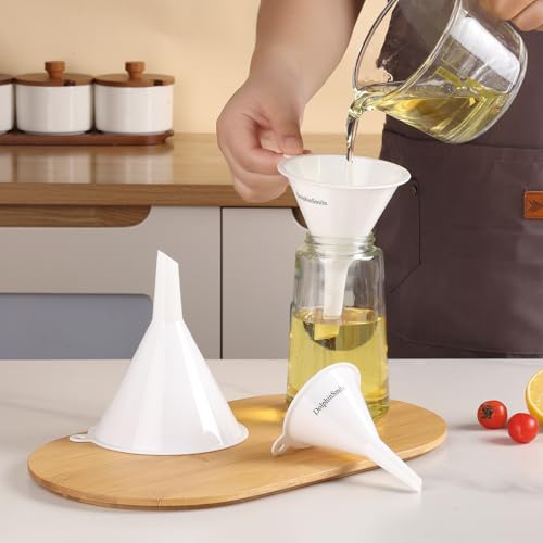 Plastic Kitchen Funnel Set of 3, Round Kitchen Funnels for Filling Bottles, Durable and Multifunctional Funnels for Filling Canning, Cooking, Lab or Car Oil (White) - color: White