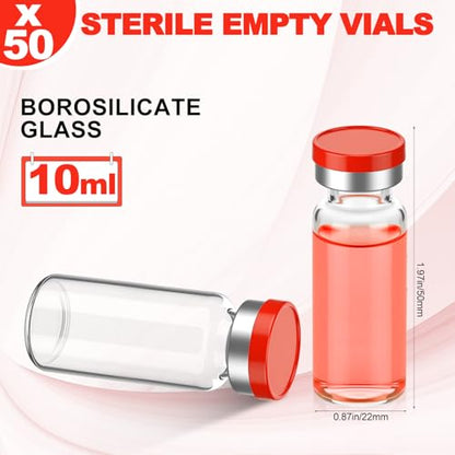 50 Pcs 10 ml Vials, Empty Vials for Injection, Red Lid - color: Red Lid