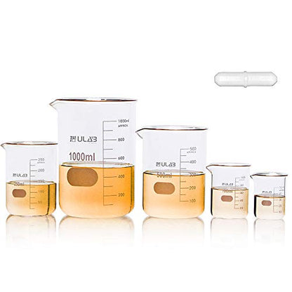 ULAB Scientific Glass Beaker Set with Magnetic Stir Bar Offered, 5 Sizes 50ml 100ml 250ml 500ml 1000ml, 3.3 Boro Griffin Low Form with Printed Graduation, UBG1002 - style: 5 Sizes with Magnetic Stir Bar