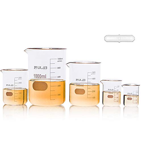 ULAB Scientific Glass Beaker Set with Magnetic Stir Bar Offered, 5 Sizes 50ml 100ml 250ml 500ml 1000ml, 3.3 Boro Griffin Low Form with Printed Graduation, UBG1002 - style: 5 Sizes with Magnetic Stir Bar