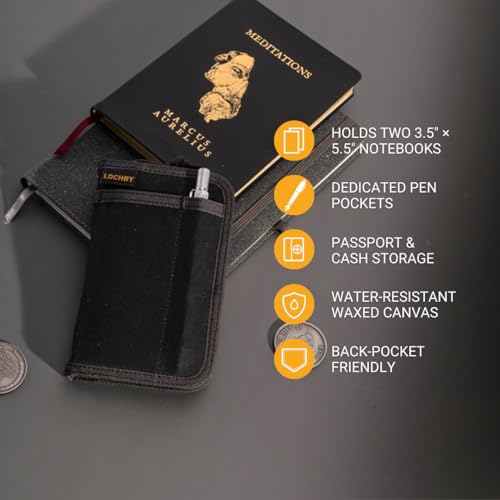 LOCHBY® Pocket Journal | Tomoe River 3.5" x 5.5" Notebook | Waxed Canvas | Ideal for Travelers & Daily Use, Fits Field Notes, Moleskine Cahier - color: Black, size: Pocket-size Zipper