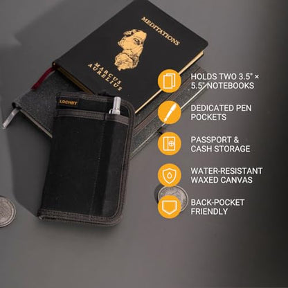 LOCHBY® Pocket Journal | Tomoe River 3.5" x 5.5" Notebook | Waxed Canvas | Ideal for Travelers & Daily Use, Fits Field Notes, Moleskine Cahier - color: Black, size: Pocket-size Zipper