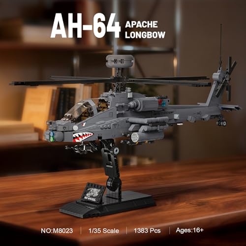 MISINI M8023 AH-64 Apache Longbow Attack Helicopter Building Blocks Set, 1383 Pieces of Military Army Armed Helicopter Building Block Kit, 1:35 Scale, Adult Collection Display Toy Gift Model Airplane