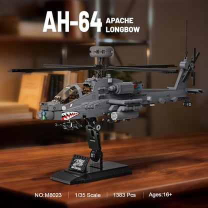 MISINI M8023 AH-64 Apache Longbow Attack Helicopter Building Blocks Set, 1383 Pieces of Military Army Armed Helicopter Building Block Kit, 1:35 Scale, Adult Collection Display Toy Gift Model Airplane