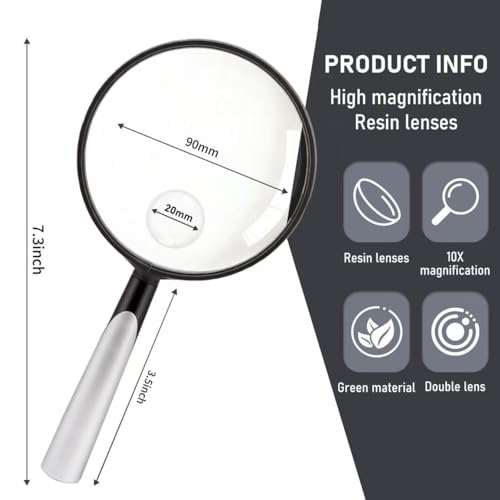 Feosky Handheld Reading Magnifier, 10X Magnifier, 90mm Shatterproof Lens, Adults Close Work Non-Slip Handle for Seniors Reading and Nature Exploration, Insect and Hobby Observation(Silver) - color: Silver/Black, size: 90mm