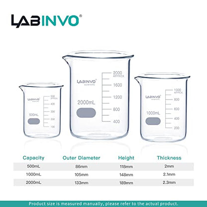 Low Form Graduated Glass Beaker Set, Each 1 PC of Vol.500ml,1000ml,2000ml,3.3 Borosilicate Glass Beakers, IN-BKLS01 - size: Each 1PC of 500mL 1L 2L