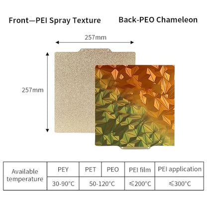 BORDSTRACT Double-Sided Build Plate, PEI Spray Texture + PEO Chameleon Spring Steel Flexible Plate 257x257mm Without Soft Magnetic Base for Most Models of 3D Printer Platforms - style: PEI spray + PEO chameleon 257*257mm