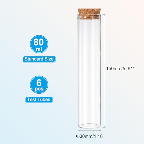 PATIKIL 80ml Test Tubes, 6pcs 5.91x1.18 Glass Clear Flat Bottom Test Tube Containers with Cork Stopper for Bead Party Candy Bath Salt Storage Scientific Experiment Plant Propagation - size: 80ml