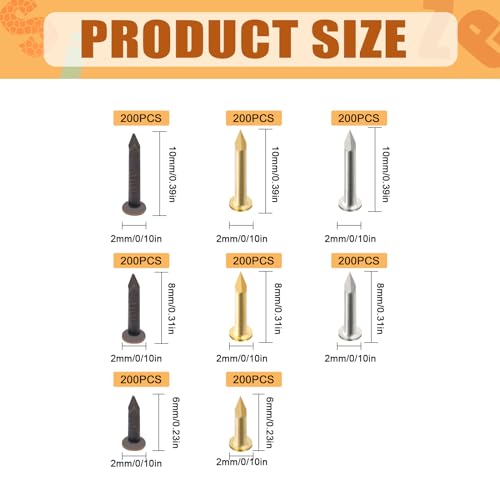 Tanstic 1600Pcs Small Tiny Nails Kit, 6mm, 8mm, 10mm Tiny Wooden Nails for Wooden DIY Decorative Pictures Mini Boxes Household Accessories (Gold/Bronze/Silver)