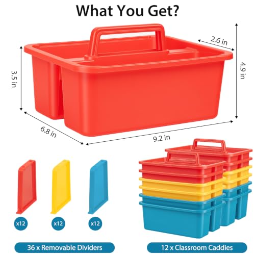 12 Pack Classroom Caddy, Plastic Caddies with Handle & Removable Dividers