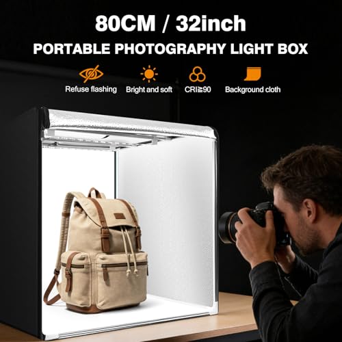 Photo Studio Light Box Photography 32"x32" with 100 LED and 4 Colors Backdrops Photo Box with Lights, Foldable Picture Box for Product Photography with 6500K Brightness - size: 32 inches with 6500K