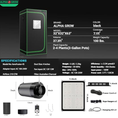 32x32 Complete Grow Tent Kit with LED Grow Light and Fan Filter, 32"x32"x63" 1680D Mylar Indoor Grow Tent System with AG1000 100W Full Spectrum Light, 4 Inch 2-in-1 Carbon Filter Fan, Silver Ducting