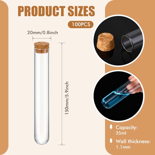 Thyle Glass Test Tubes Bulk with Cork Clear Stoppers, 20x150mm/35ml, 100 Pcs - size: 20x150mm/35ml