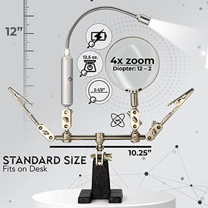 RamPro - Helping Hand Magnifier Glass Stand - Magnifying Lens, Perfect for Soldering, Crafting & Inspecting Micro Objects - size: 3X Magnification - With LED Light