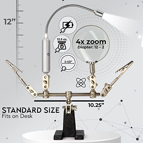 RamPro - Helping Hand Magnifier Glass Stand - Magnifying Lens, Perfect for Soldering, Crafting & Inspecting Micro Objects - size: 3X Magnification - With LED Light