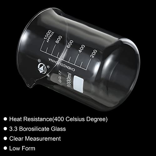 PATIKIL 1000ml Low Form Glass Beaker, 3.3 Borosilicate Glass Graduated Printed Scale Measuring Cups with Spout for Kitchen Lab Liquids Transit Boiling - size: 1000ml