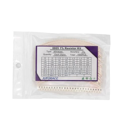 1500PCS 0805 SMD Resistor Kit 0-10M Ω ohm 60 Values 1/8 Watt 0.125W ±1% Tolerance Thick Film 0-10MR SMT Chip Resistors Assortment Set