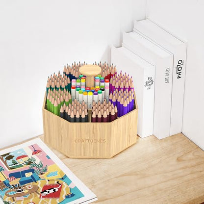 CraftGenes Bamboo Rotating Pen Organizer for Desk with 10 Compartments