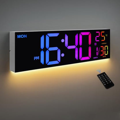 HAITANG 16.2" White Digital Wall Clock, 8 Colors, Remote & Night Light - color: White