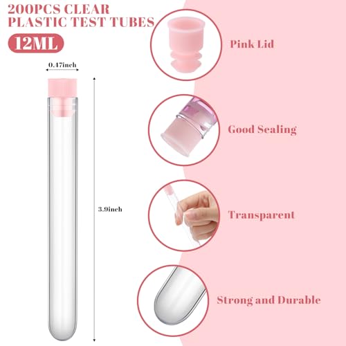 Xuhal 200 Pack Clear Plastic Test Tubes 12x100mm/12ml, Pink Color - color: pink color