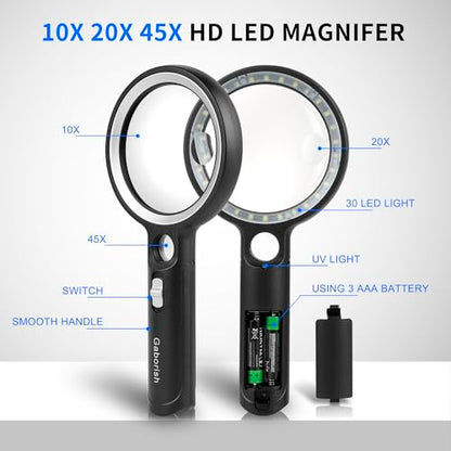 Magnifying Glass with 30 LED Lights, 10X 20X 45X Handheld Illuminated - color: Black & Silver