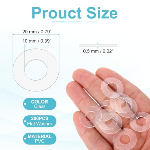 PATIKIL Flat Washer, 200 Pcs PVC Plastic Washers Round Sealing Spacer Gasket 10mm ID 20mm OD 0.5mm Thickness for Shower Door Handles Towel Bars Grommets Hardware Replacement, Clear - size: 10mm ID x 20mm OD x 0.5mm Thickness