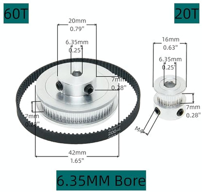 2PCS Set 2GT Aluminum Timing Pulley 20&60 Teeth 6.35mm Bore Synchronous Wheel with 2PCS Length 200mm Width 6mm Belt (20-60T-6.35B-6) - size: 6.35MM Bore, style: 20-60T-6.35B-6MM