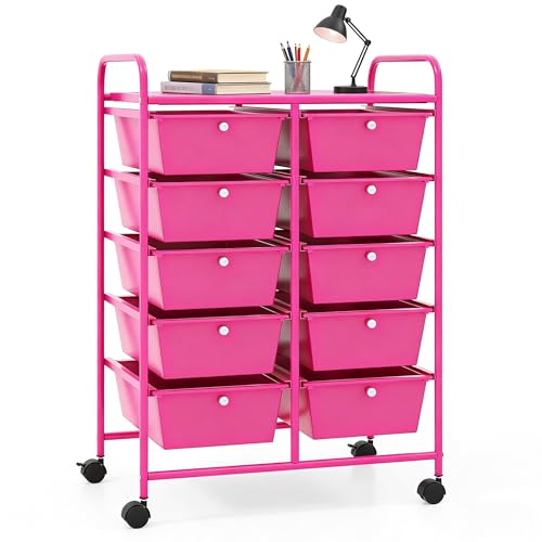 COSTWAY 10 Drawer Rolling Storage Cart, Utility Cart with Lockable Wheels - color: Hot Pink, size: 10 Drawer