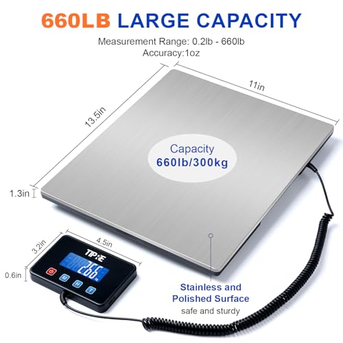 TIPRE Shipping Scale 660lbs for Packages,Heavy Duty Digital Postal Express Scale,1 oz High Accuracy with Charging Cable & Batteries,Extra Large Stainless Steel for Small Business,Warehouse,Home - size: 660lb- Silver Stainless Steel