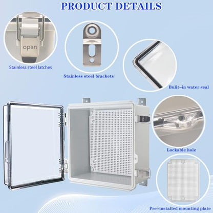 Waterproof Electrical Box with Mounting Plate, IP67 Junction Box Stainless Steel Latch Hinged Clear Cover Project Enclosure with Wall Bracket and 2 Glands 8.3" x 8.3" x 5.1" - color: Clear, size: 8.3" x 8.3" x 5.1"