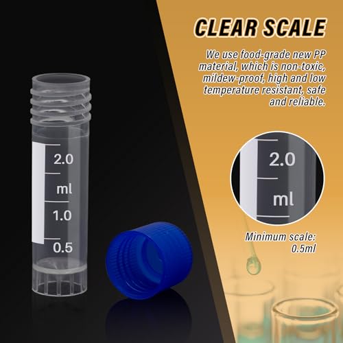 100 Pcs 2ml Small Vials with Screw Caps Centrifuge Tubes Plastic Sample Tubes Cryogenic Vials Graduated Bottles Test Tubes with Lids (Blue) - color: Blue