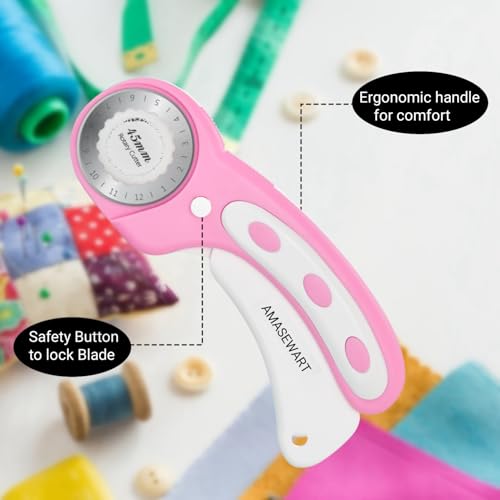45mm Rotary Cutter for Fabric with 8pcs Rotary Blades, Rolling Fabric Cutter Crochet Edge Skip Stitch Blade Perforating Rotary Blade, Pinking Rotary Cutter for Quilting Crafts Sewing, Pink - color: Pink