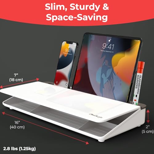 Chalkola Glass Desktop Whiteboard with Storage, Desk Dry Erase Board Buddy - color: White